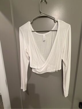 aerie White Long-Sleeve Wrap Crop Top